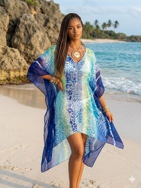 Tommy Bahama Blue and Green Printed V-Neck Swim Coverup One size fits all 49.99